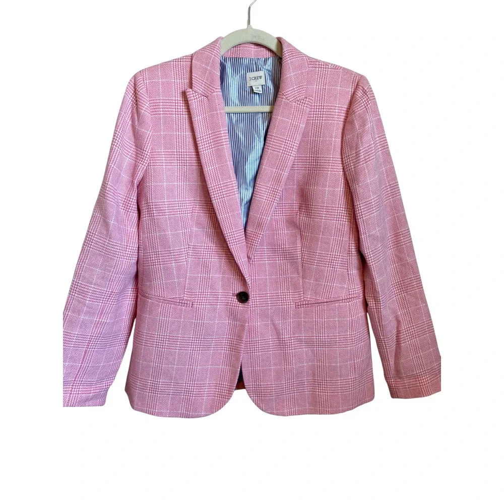 J.Crew Pink Glen Plaid One Button Blazer Linen Cotton BW286 Womens 10